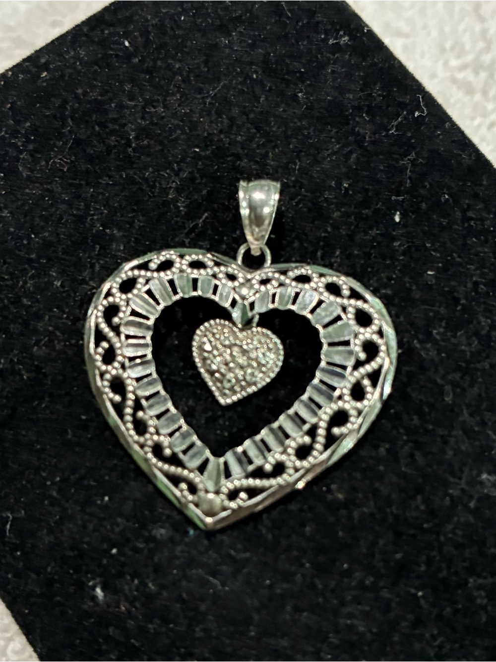 Silver Heart Filigree Pendant with Pave Heart Center